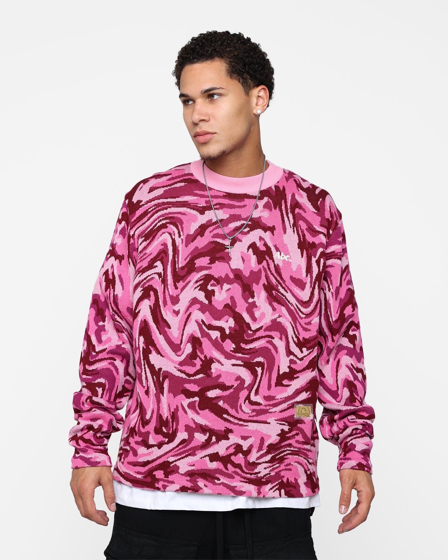 Advisory Board Crystals ABC 123 Warped Camo Crewneck Sweatshirt - Rubellite Pink Color | Streetwear Fashion & Casual Everyday Wear
