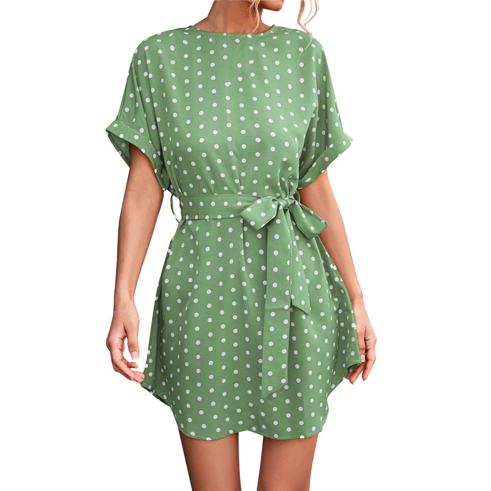 Women's Polka Dot Summer Casual Short Dress - Short Sleeve Waist Tie Smocked Mini Dress for Women | Perfect for Beach Vacations, Brunch Dates & Summer Outings