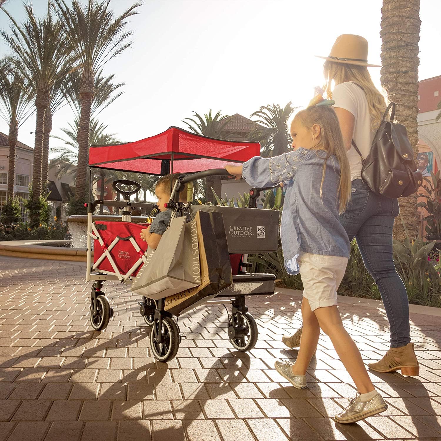Titanium Series Plus Push Pull Collapsible Stroller Wagon for Kids - 150lbs Weight Capacity, Foldable Design with Sun Canopy (Red & Grey) - Perfect for Beach Trips, Park Outings & Garden Adventures | Outdoor Family Stroller Cart