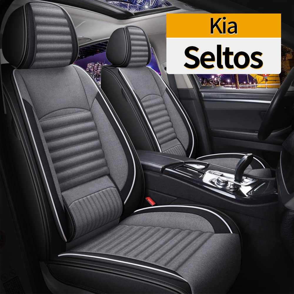 TTX Custom Full Car Seat Cover - Waterproof Leather & Breathable Linen - Compatible with 2021-2022 Kia Seltos - Airbag Safe - Gray & White - Perfect for Daily Commute & Road Trips