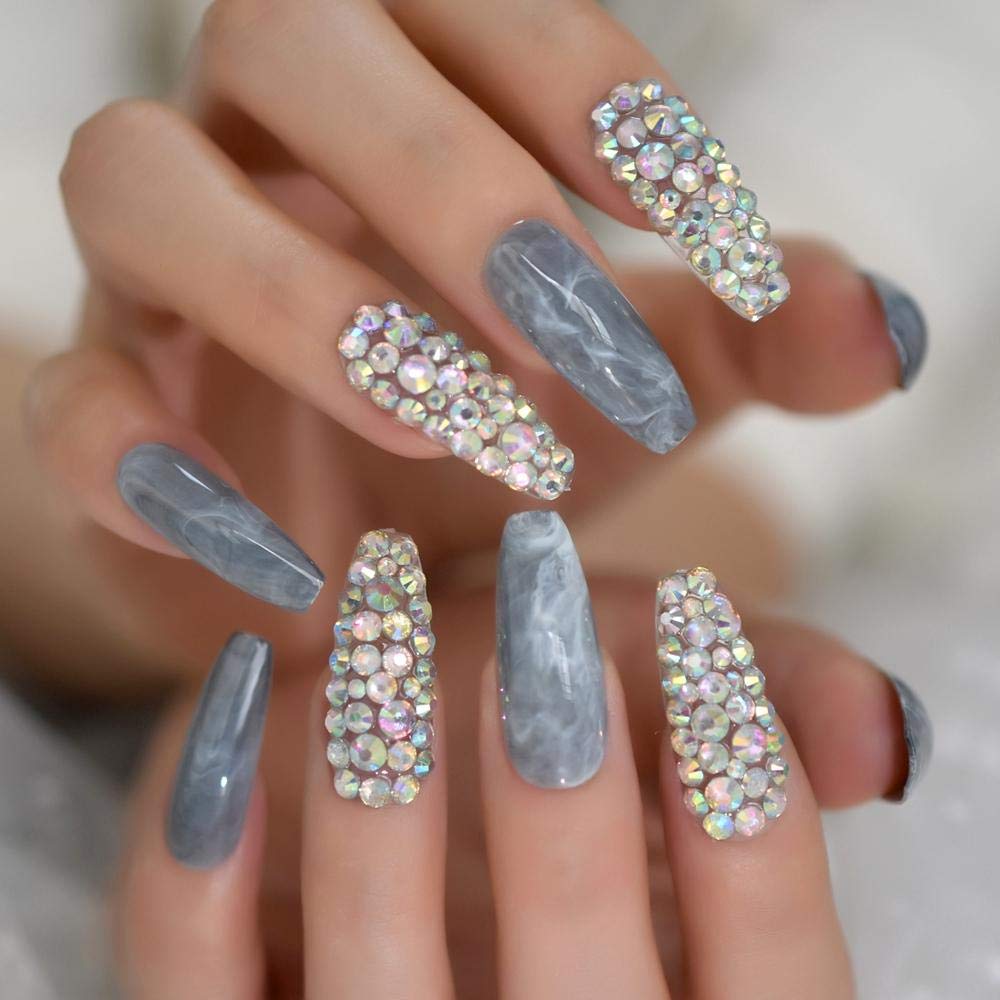 Grey Marble Stone Press On Fake Nails - Extra Long Coffin Ballerina False Nails for Women | Perfect for Parties, Weddings, and Special Occasions