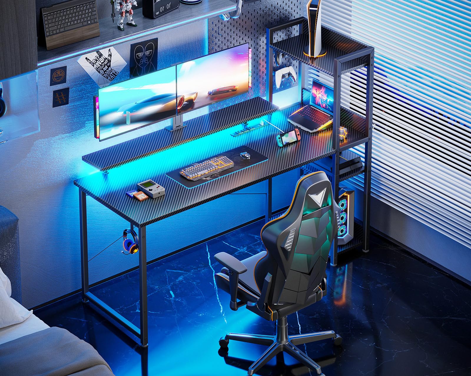 ODK 55 Inch Reversible Gaming Desk with USB Charging Port & LED Lights, Carbon Fiber Black Computer Desk with Storage Shelves & Monitor Stand - Perfect for Home Office, Gaming Setup, and Bedroom Workspace