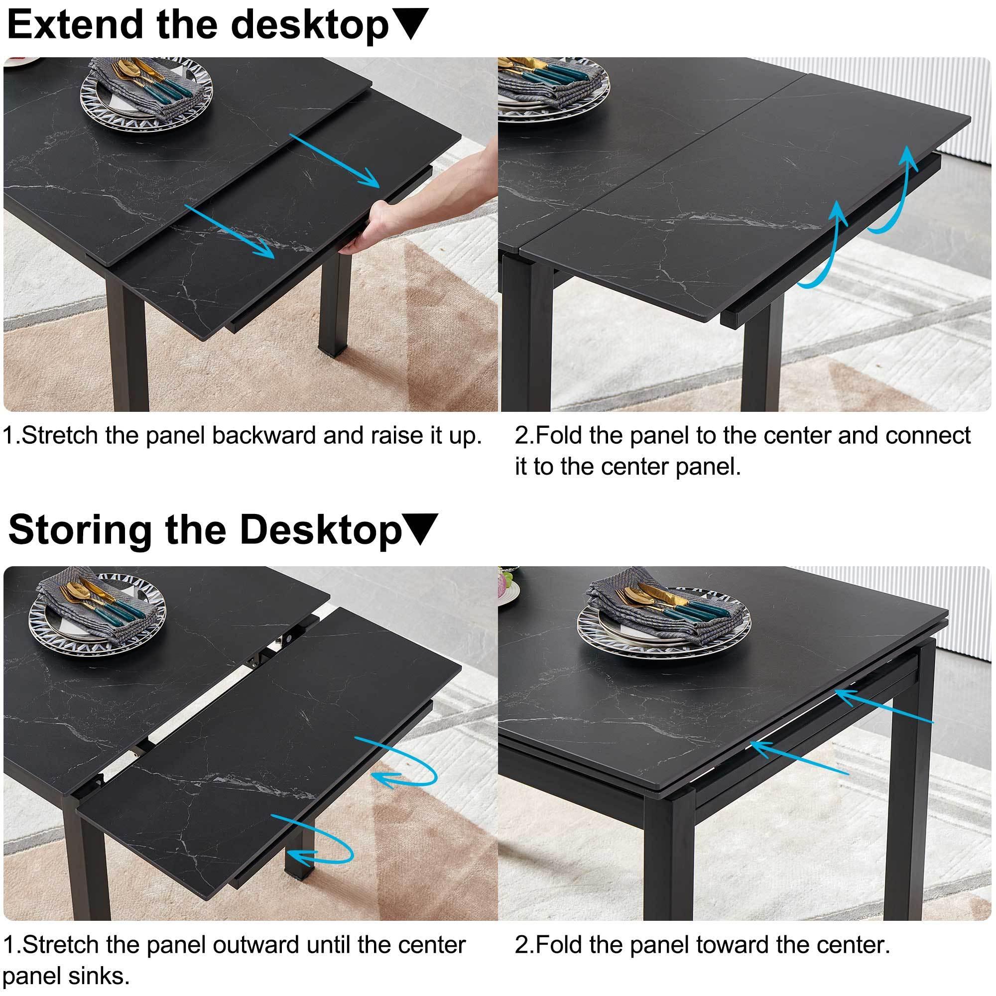 Modern Black Ceramic Expandable Rectangular Dining Table - Space Saving Kitchen & Small Apartment Furniture for Dining Room, Breakfast Nook, and Compact Living Spaces