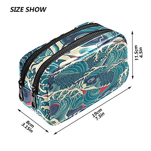 Japanese Koi Carp Wave Cosmetic Bag - Waterproof Leather Pencil Case & Travel Makeup Pouch with Zipper for Women, Girls, Teens - Perfect for School, Office, and Travel Essentials
