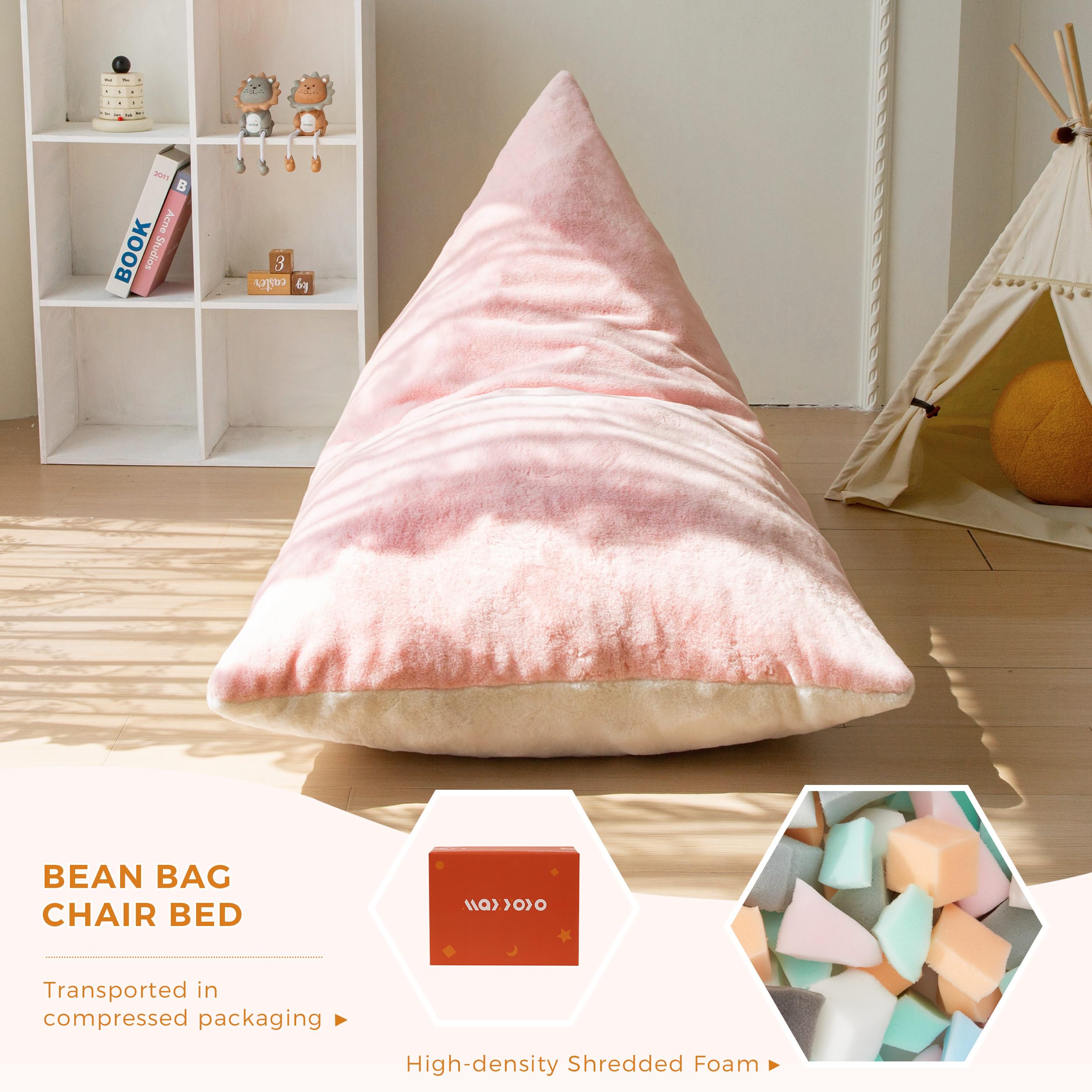MAXYOYO Kids Bean Bag Chair - 2 Tone Handle Design, High Density Foam Floor Lounger for Boys & Girls, Pink & White - Perfect for Bedroom, Playroom & Reading Nook