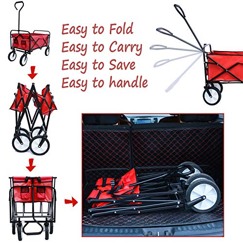 Heavy Duty Collapsible Wagon Cart with Wheels - 150lbs Capacity Foldable Utility Cart, Portable Steel Frame Beach Wagon for Sand, Camping, Picnics, Grocery Shopping & Outdoor Adventures (Red)