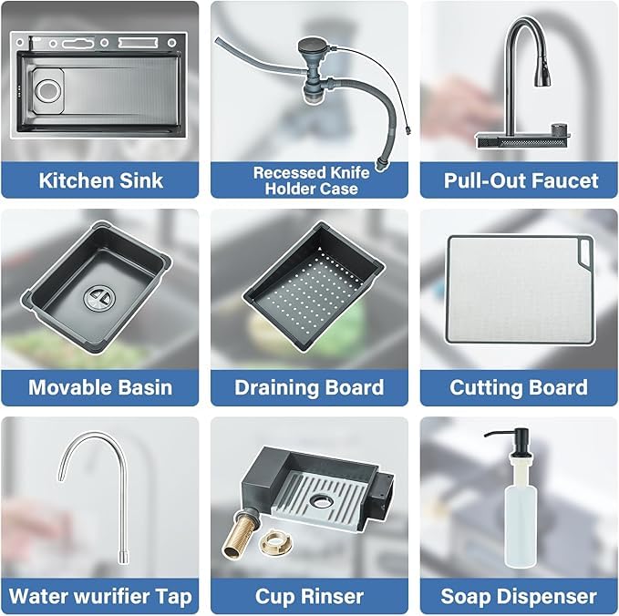 Stainless Steel Single Bowl Drop-in Kitchen Sink with LED Temperature Display, Pull-Out Faucet, Cup Washer, Soap Dispenser & Water Filter Tap - 29.52