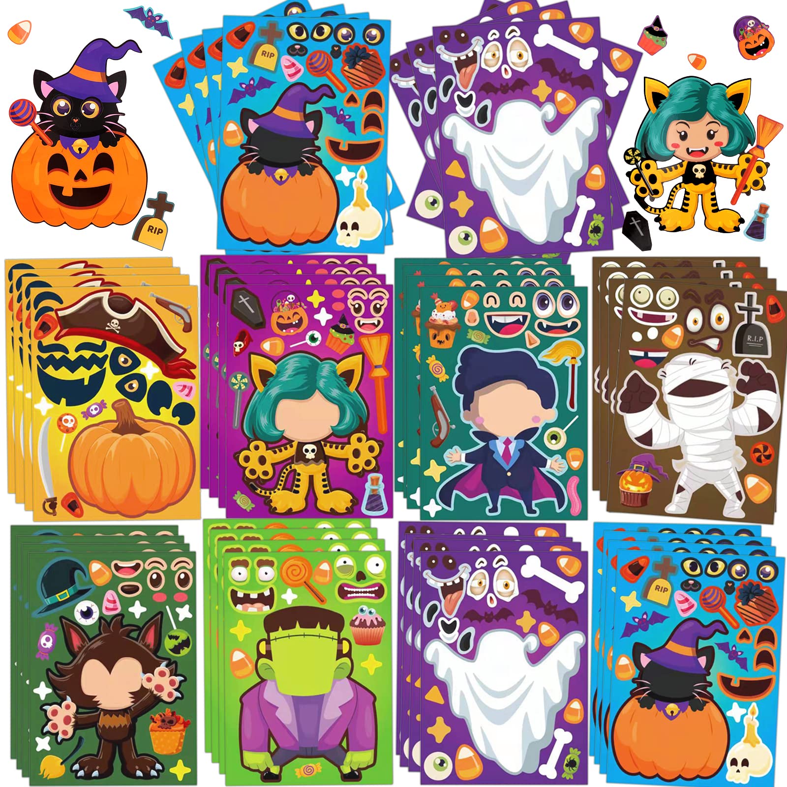 YUJUN 32 Sheets Halloween Stickers for Kids - DIY Ghost, Monster & Pumpkin Face Stickers - Halloween Party Favors, Games & Decorations - Perfect for Trick-or-Treat Bags, Classroom Activities & Holiday Crafts