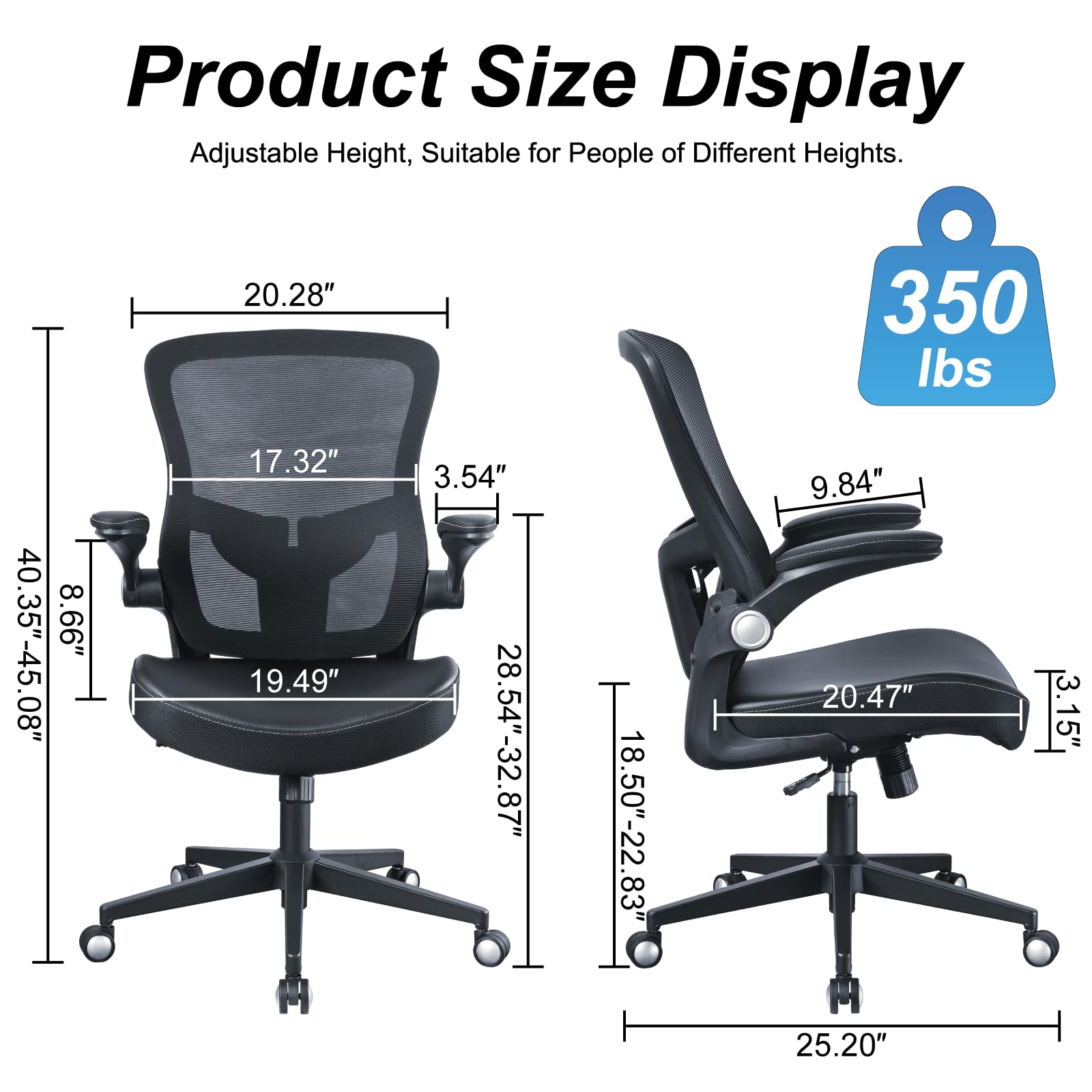 Ergonomic Office Chair with PU Leather Cushion - 350lbs Weight Capacity, Adjustable Seat Height & Lumbar Support, Flip-Up Arms - Perfect for Home Office, Gaming & Workspace Comfort