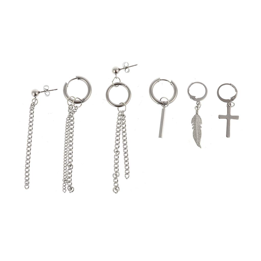 SOFEA 6-Piece Stainless Steel Earrings Set for Men & Women - Trendy Hip Hop Long Earrings for Cool Boys & Girls - Perfect for Parties, Concerts, and Street Fashion