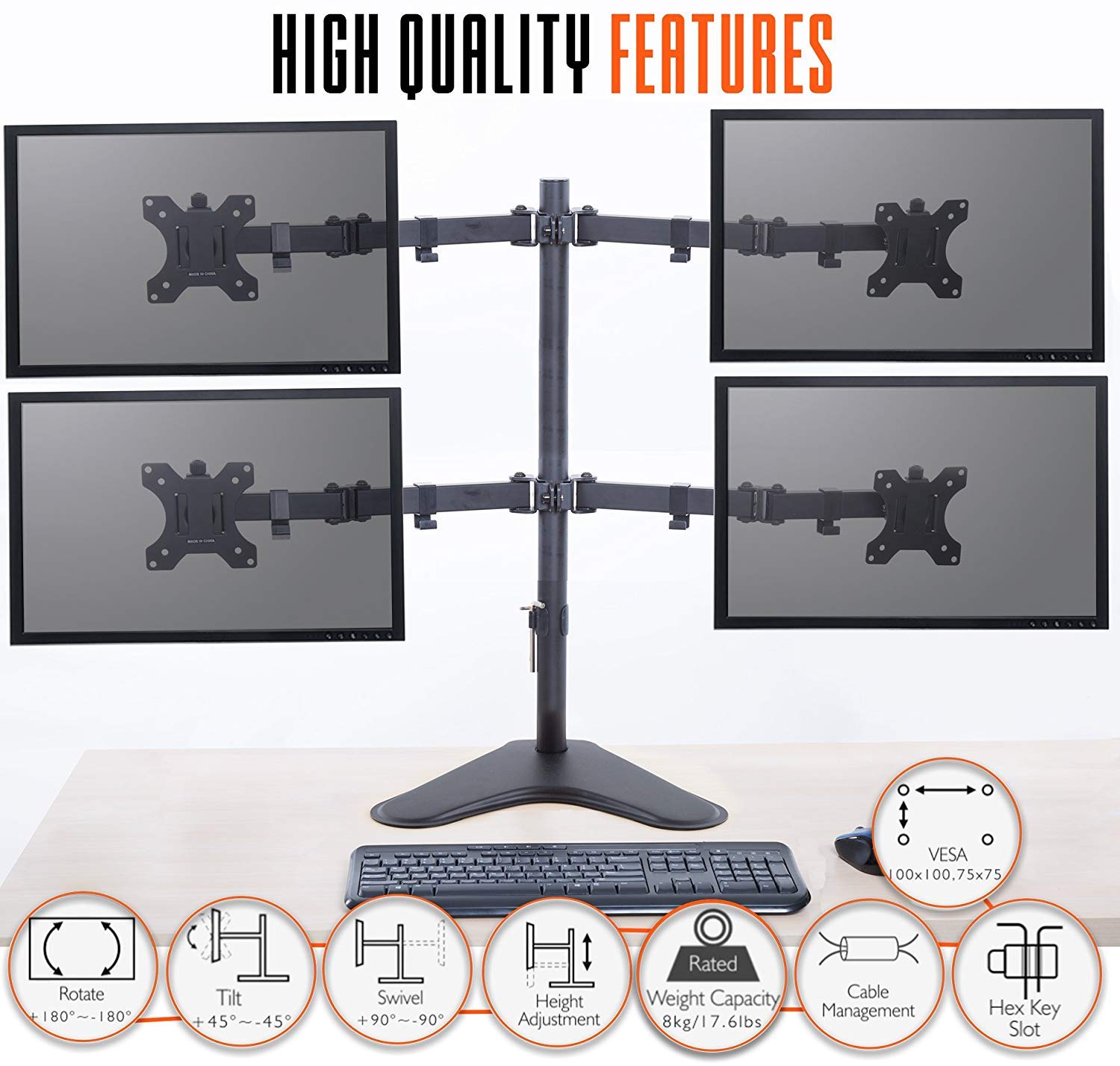 4-Monitor Stand with Adjustable Height & Stable Base - for 17-32