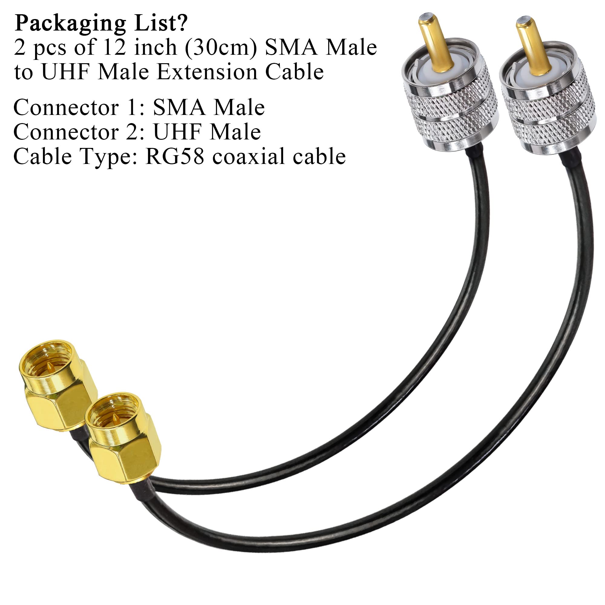 TUOLNK SMA to UHF Extension Cable RG58 12inch (30cm) SMA Male to SO239 Male WiFi Antenna Pigtail PL-259 RF Coax Assembly Cable - for CB Radio, Ham Radio, Wireless Routers & Signal Boosters (2 Pack) - Perfect for Home, Office & Vehicle Communication Setup