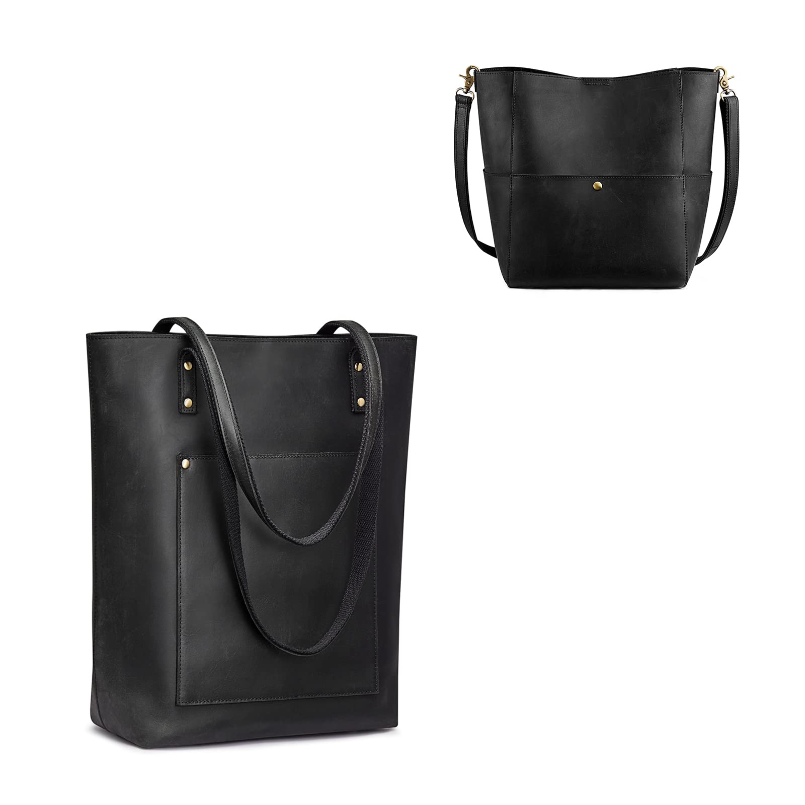 S-ZONE Women's Genuine Leather Tote Bag & Crossbody Bucket Purse Set - Stylish Vertical Shoulder Handbag for Work, Travel & Everyday Use