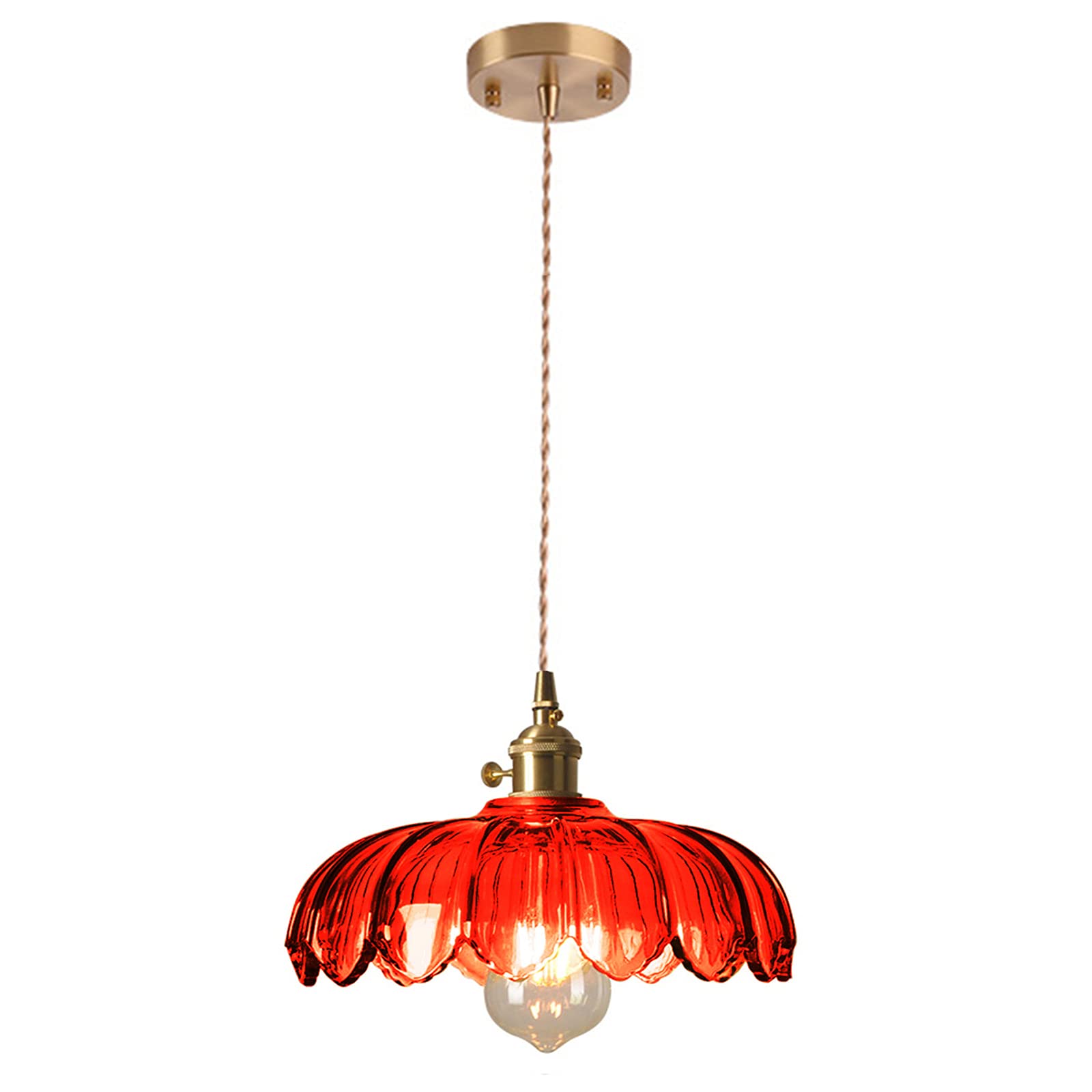 Vintage Industrial Pendant Light with Glass Lotus Shade - Farmhouse Ceiling Hanging Lamp in Brass Finish (Red) - Perfect for Dining Room, Kitchen Island, or Entryway Lighting