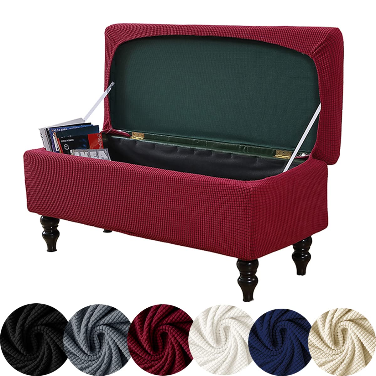Stretch Jacquard Knitted Storage Ottoman Cover for Rectangle Folding Bench - Elastic Bands & Ties, Red Large - Perfect for Living Room, Bedroom, and Home Decor