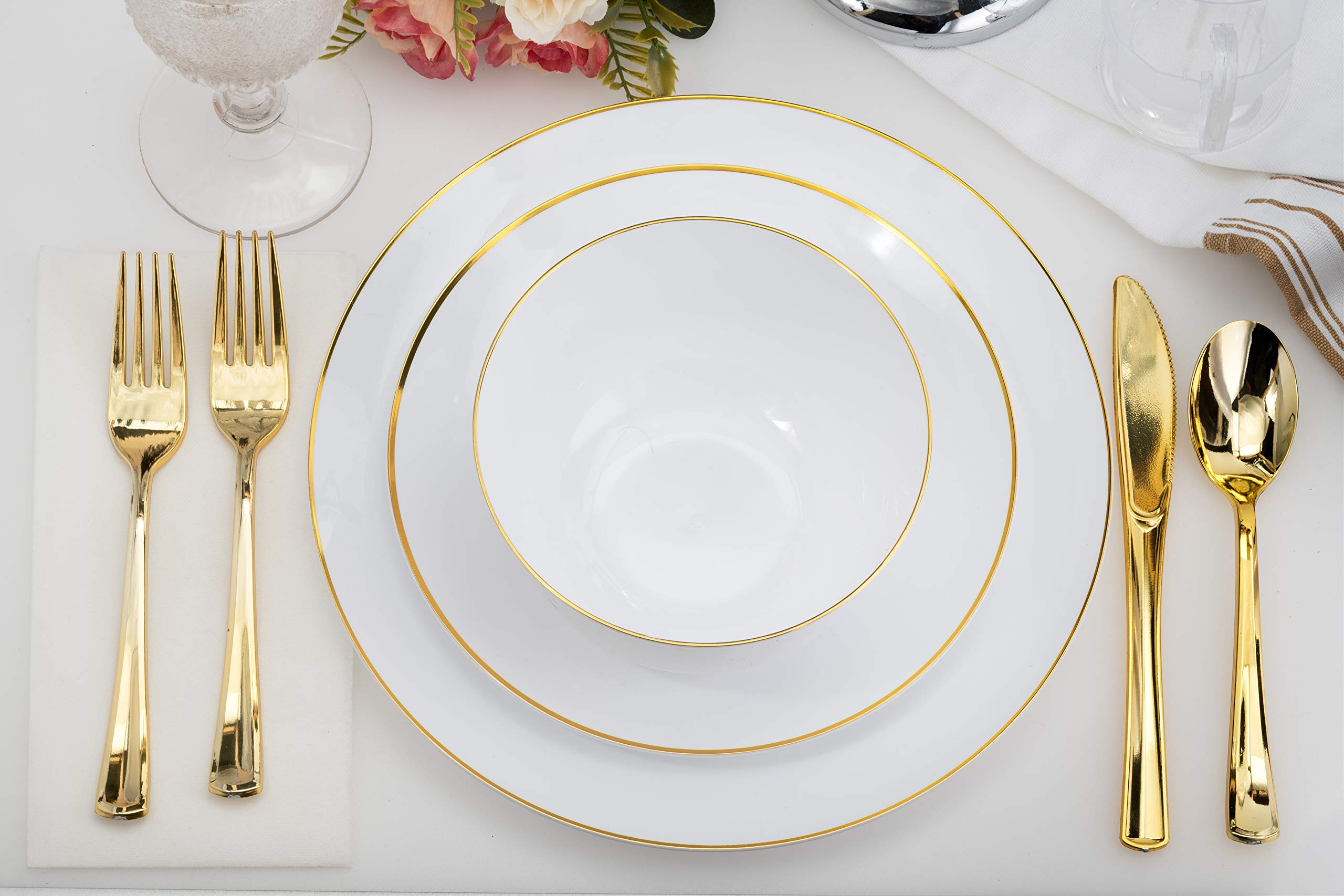 Premium 120-Piece White & Gold Elegant Disposable Dinnerware Set - Plates, Forks, Knives, Spoons & Teaspoons for Wedding, Party, Catering (Serves 20) | Perfect for Formal Events, Bridal Showers & Upscale Gatherings