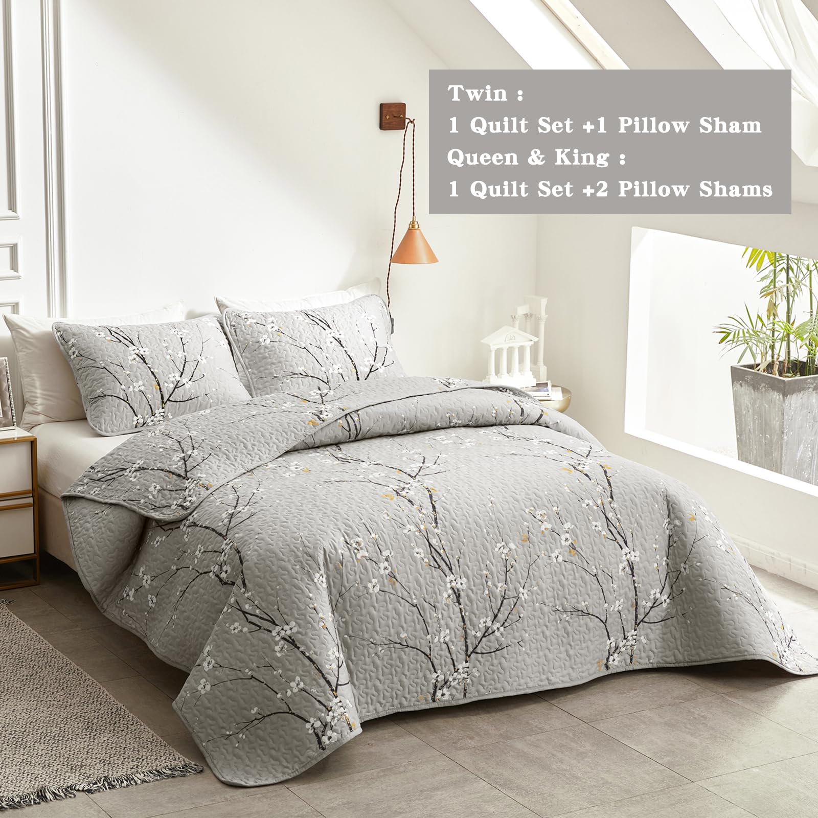 UOZZI 2-Piece Reversible Quilt Set - Gray Branch with White Orange Floral Pattern - Twin Size 68x86 Inches - Soft Microfiber Lightweight Bedspread - All Season Coverlet for Bedroom, Guest Room & Dorm - Includes 1 Quilt + 1 Shams