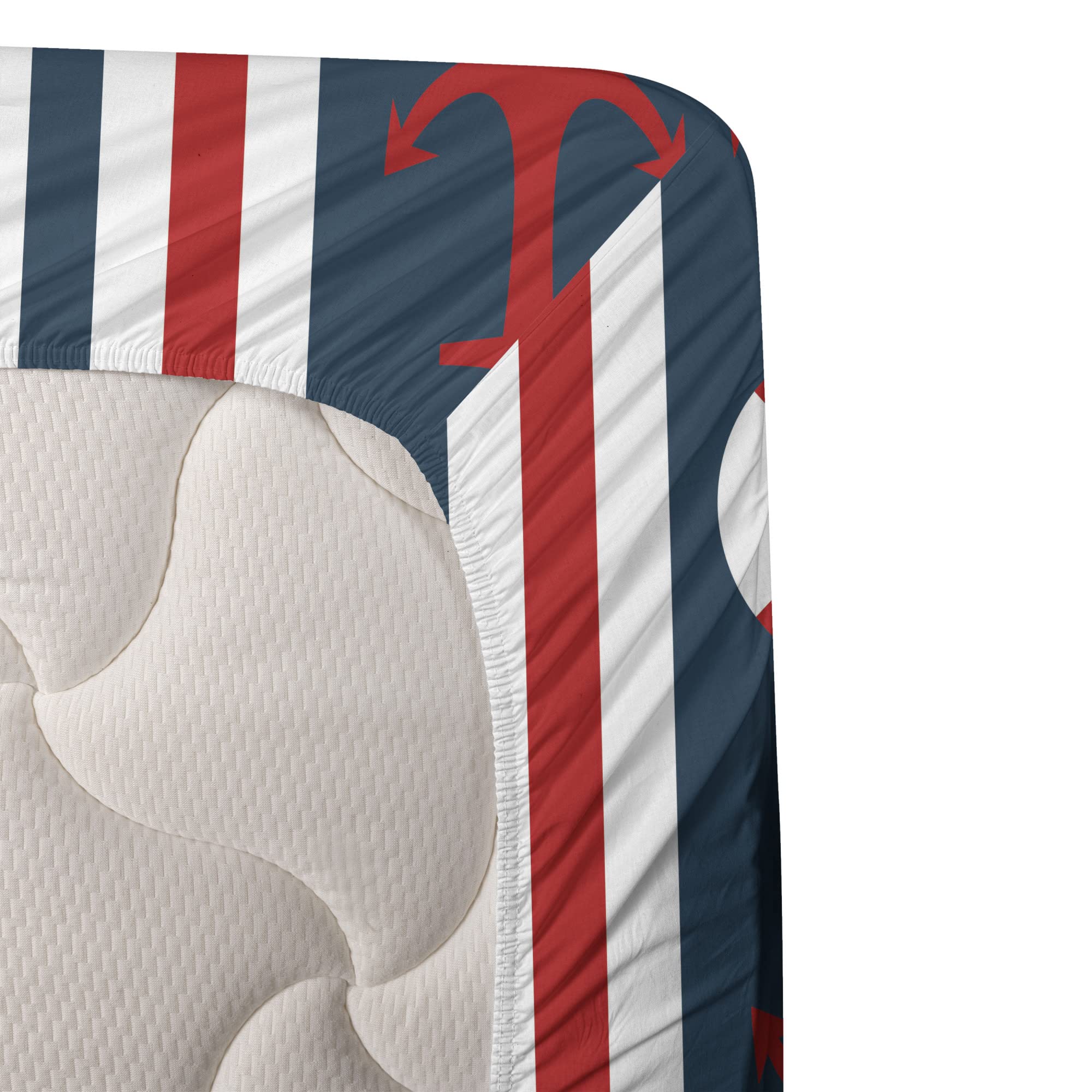 Ambesonne Nautical 3-Piece Sheet Set - Twin Size, Maritime Themed Stripes with Steering Wheel & Anchor Design, Fitted & Flat Sheets + Pillowcase (Indigo/Red/White) | Perfect for Coastal Bedrooms, Beach House Decor & Nautical Theme Bedding