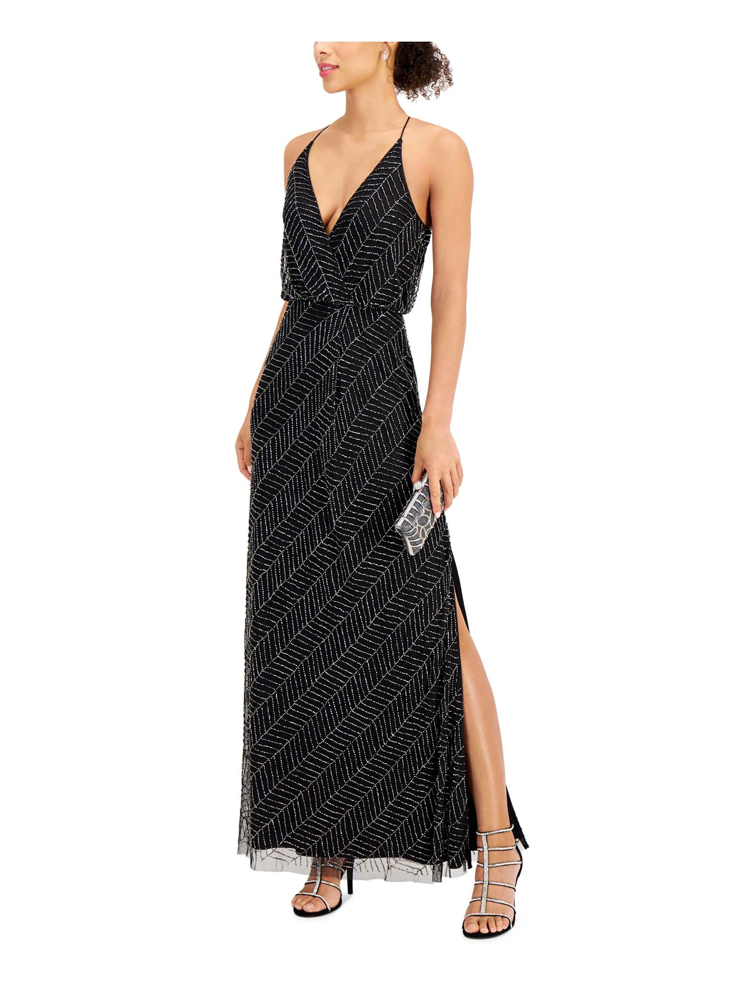 JKARA Women's Black Beaded Slit Halter Maxi Evening Sheath Dress Size 6 - Elegant Formal Gown for Cocktail Parties, Prom, Wedding Guest & Special Occasions