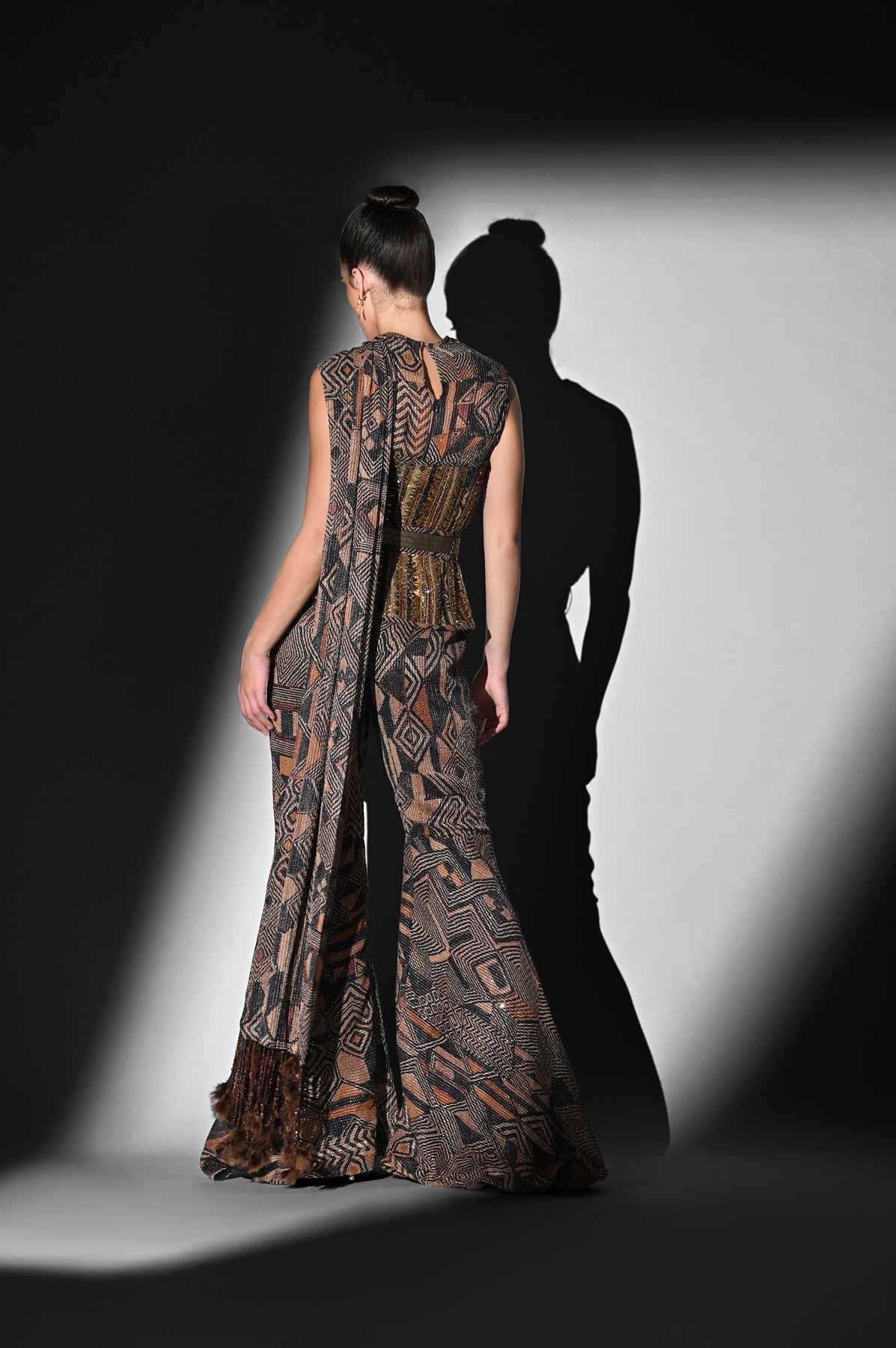 Brown Geometric Print Bodysuit and Pant Set with Attached Drape - Stylish Women's Outfit for Casual Wear, Date Night & Special Occasions