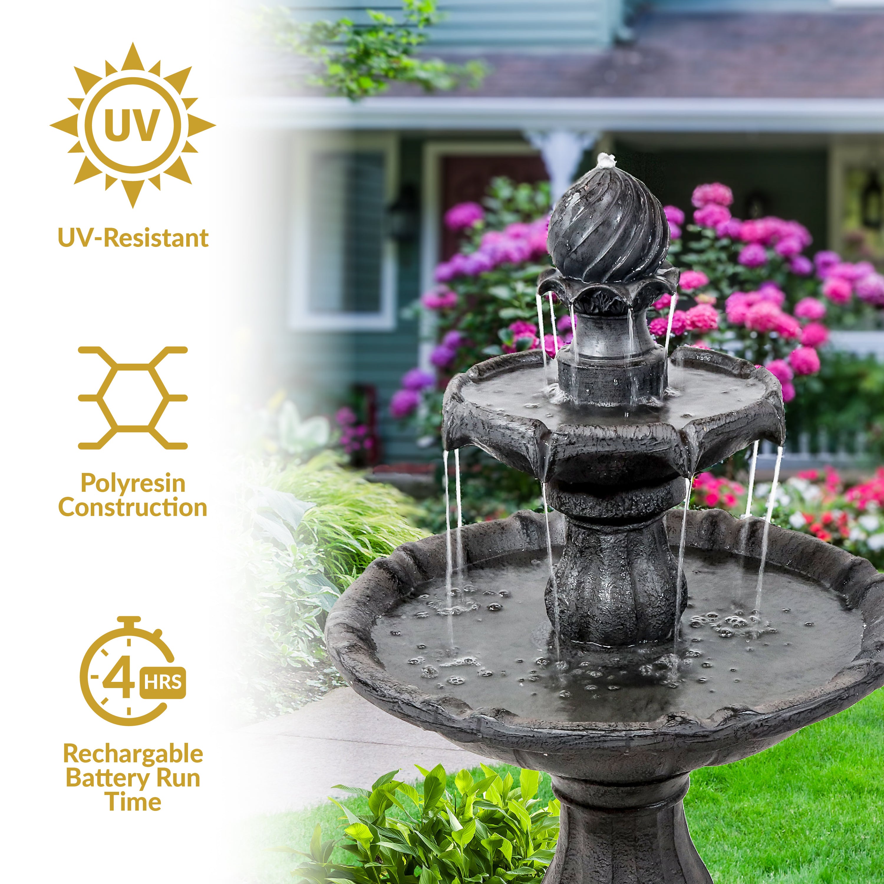 Sunnydaze 2-Tier Solar Powered Outdoor Water Fountain with Battery Backup - Perfect for Garden, Patio, and Backyard Decor