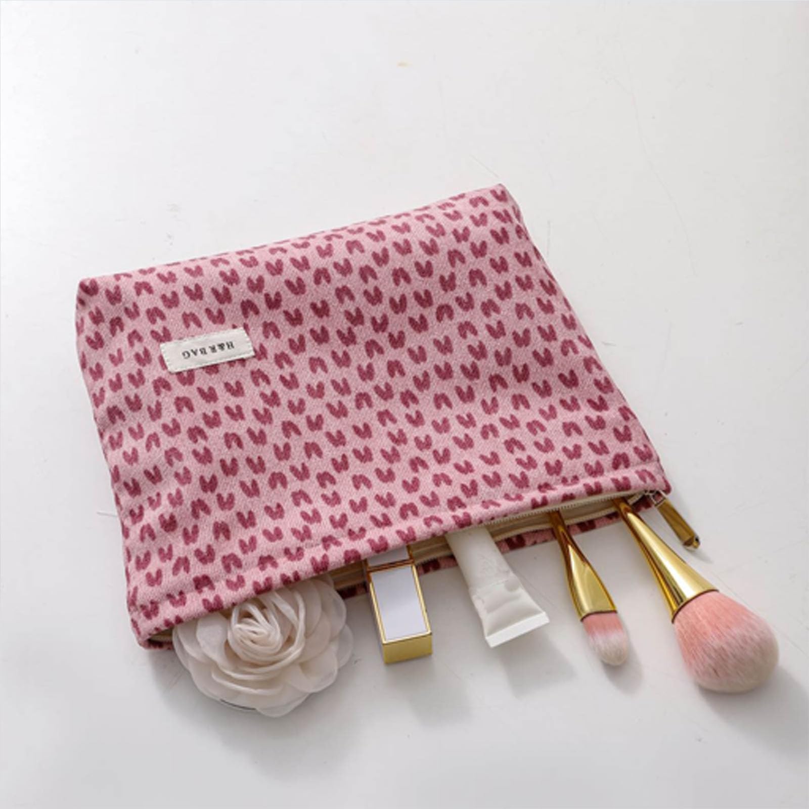 HEY M&Q Women's Pink Heart Corduroy Makeup Bag - Small Travel Toiletry Pouch, Portable Cosmetic Organizer with Zipper for Daily Use, Gifts, and Travel Essentials