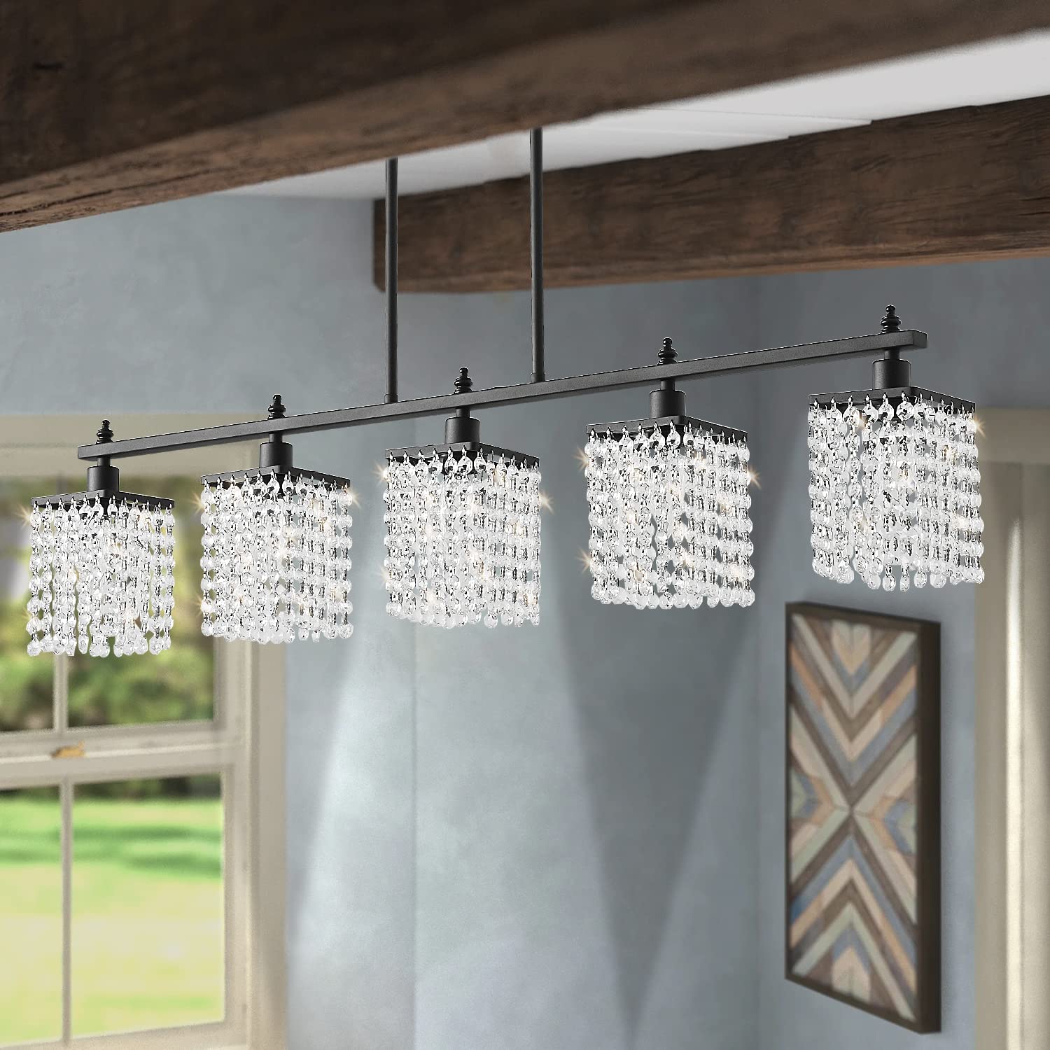 Modern Farmhouse Black Metal Linear Crystal Chandelier - 5-Light Adjustable Pendant Lighting for Kitchen Island & Dining Room Table | Elegant Dining, Kitchen Decor, Farmhouse Lighting