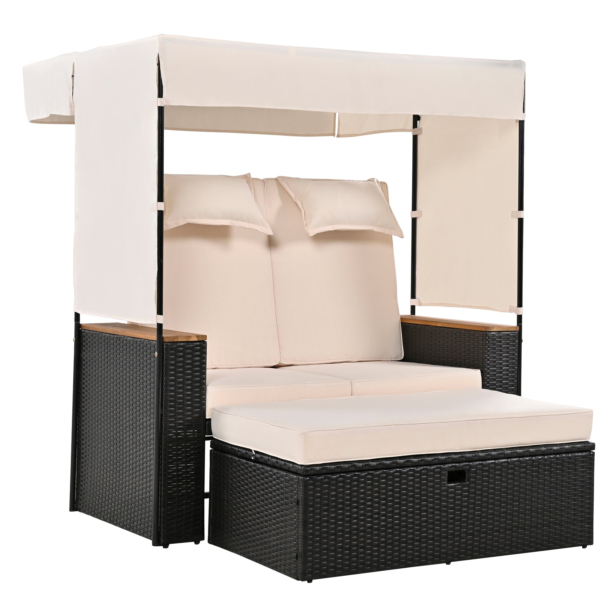 2-Piece Outdoor Rattan Daybed with 5 Adjustable Positions - Patio Loveseat Sofa Set for Poolside, Garden, or Backyard Relaxation