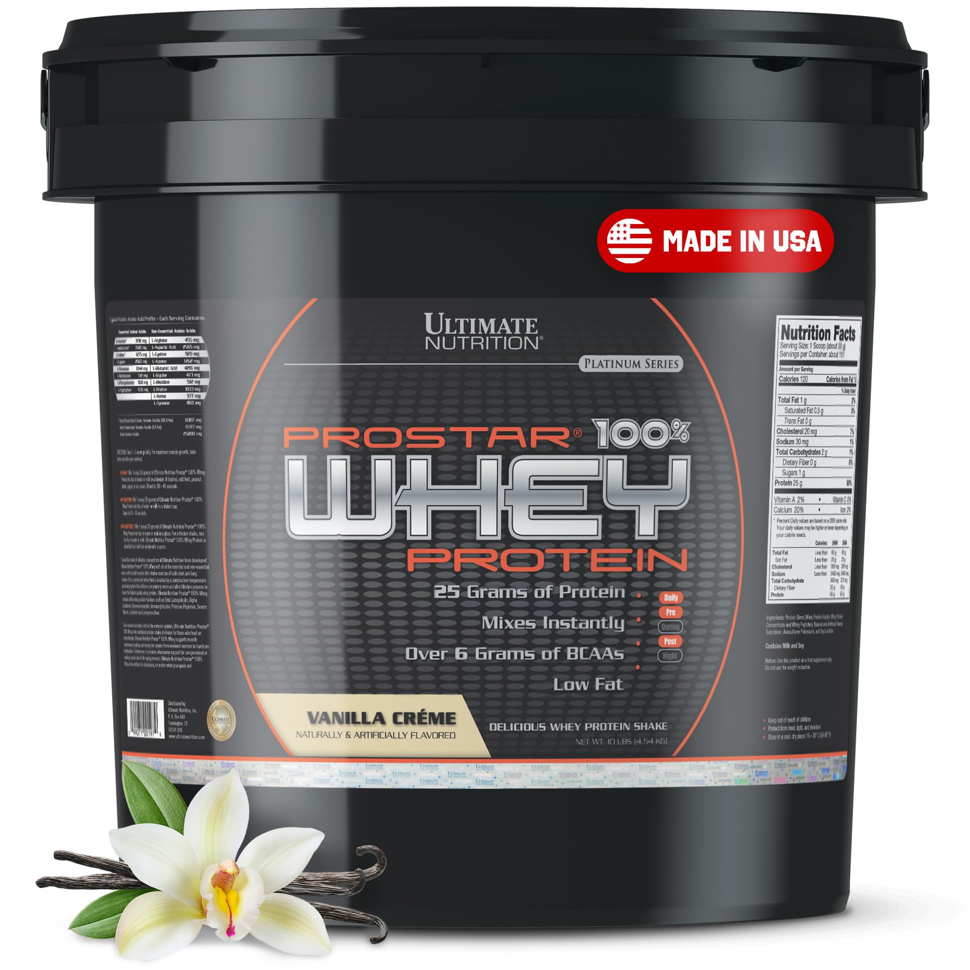 Ultimate Nutrition Prostar Whey Protein Powder Isolate, Vanilla - Low Carb, High Protein Shake for Muscle Gain & Recovery - Low Sodium, Low-Fat & Keto Friendly - 10 lbs Bucket - Perfect for Post-Workout, Weight Loss & Healthy Lifestyle