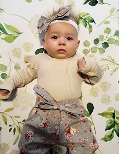 Adorable Newborn Baby Girl Outfit Set - Ribbed Ruffle Sleeve Romper + Floral Pants + Headband (3Pcs) | Soft Cotton Infant Clothes for Photoshoot, Birthday Party & Special Occasions