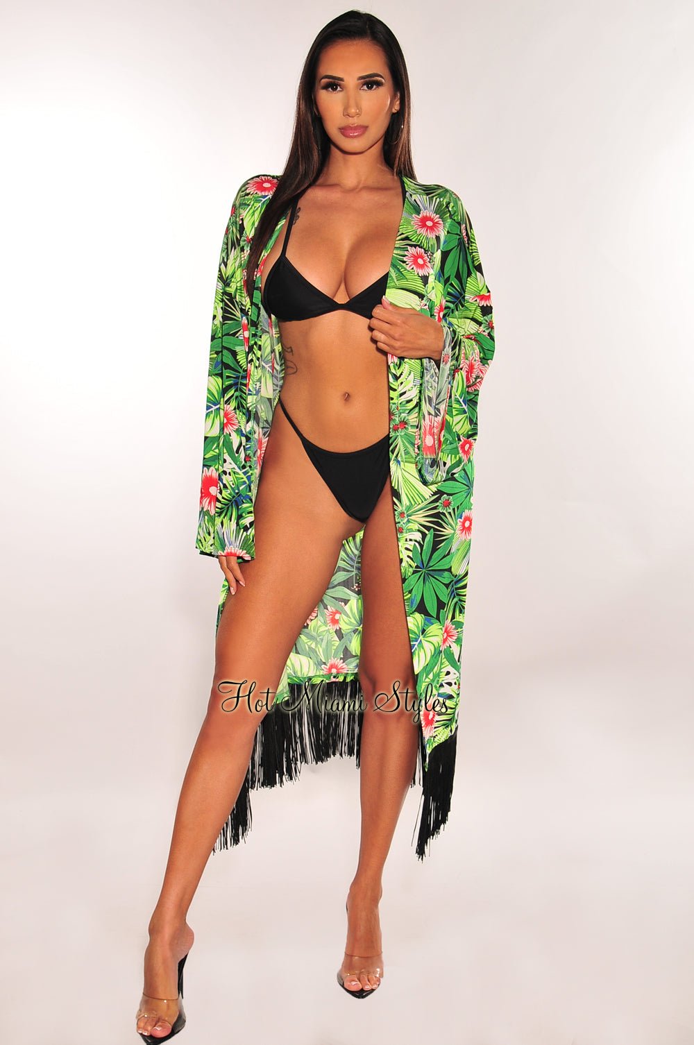 Stylish Green Tropical Print Kimono with Fringe Sleeves - Lightweight Cover Up for Beach, Pool, or Summer Outfits