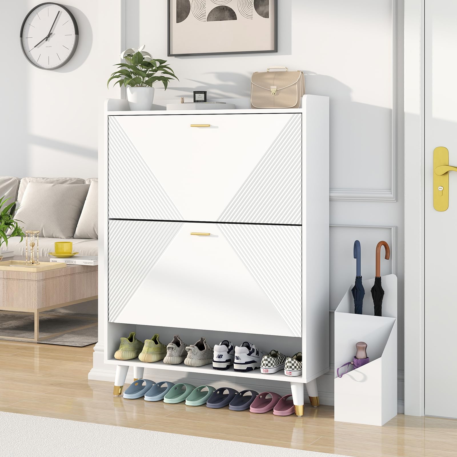White Slim Wooden Shoe Storage Cabinet with 2 Flip Drawers - Freestanding Shoe Organizer with Cubby & Shelf for 24 Pairs - Perfect for Entryway, Hallway, Closet or Bedroom Organization