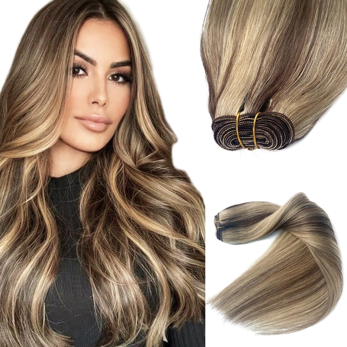 22 Inch 120G Ash Blonde Balayage Human Hair Extensions - Sew in Weft Hair for Women | Hand-Tied Real Human Hair Extensions with Highlights | Perfect for Weddings, Parties & Daily Styling