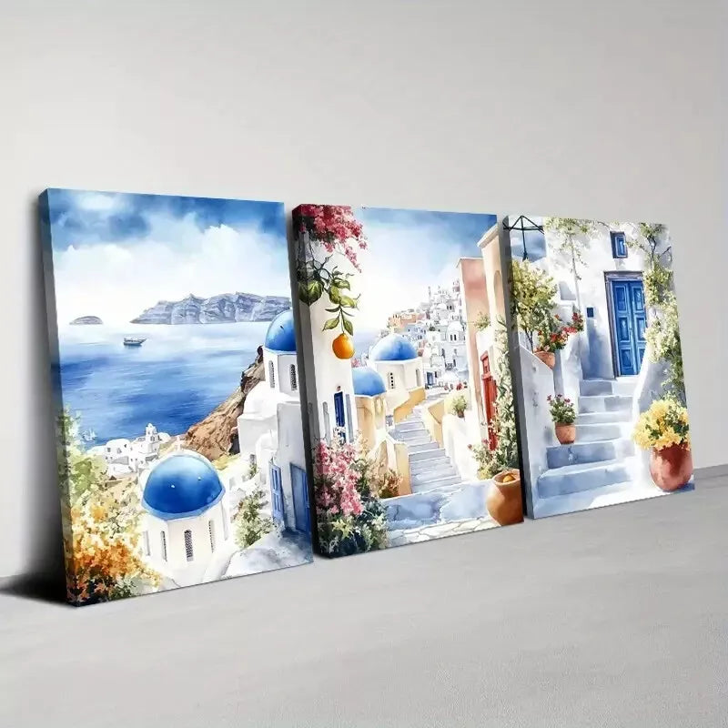 3-Piece Santorini Floral & Lake View Art Set - Framed Canvas 50x70cm - High Quality Print - 100% Australian Made - Ready to Hang Wall Decor for Living Room, Bedroom & Office