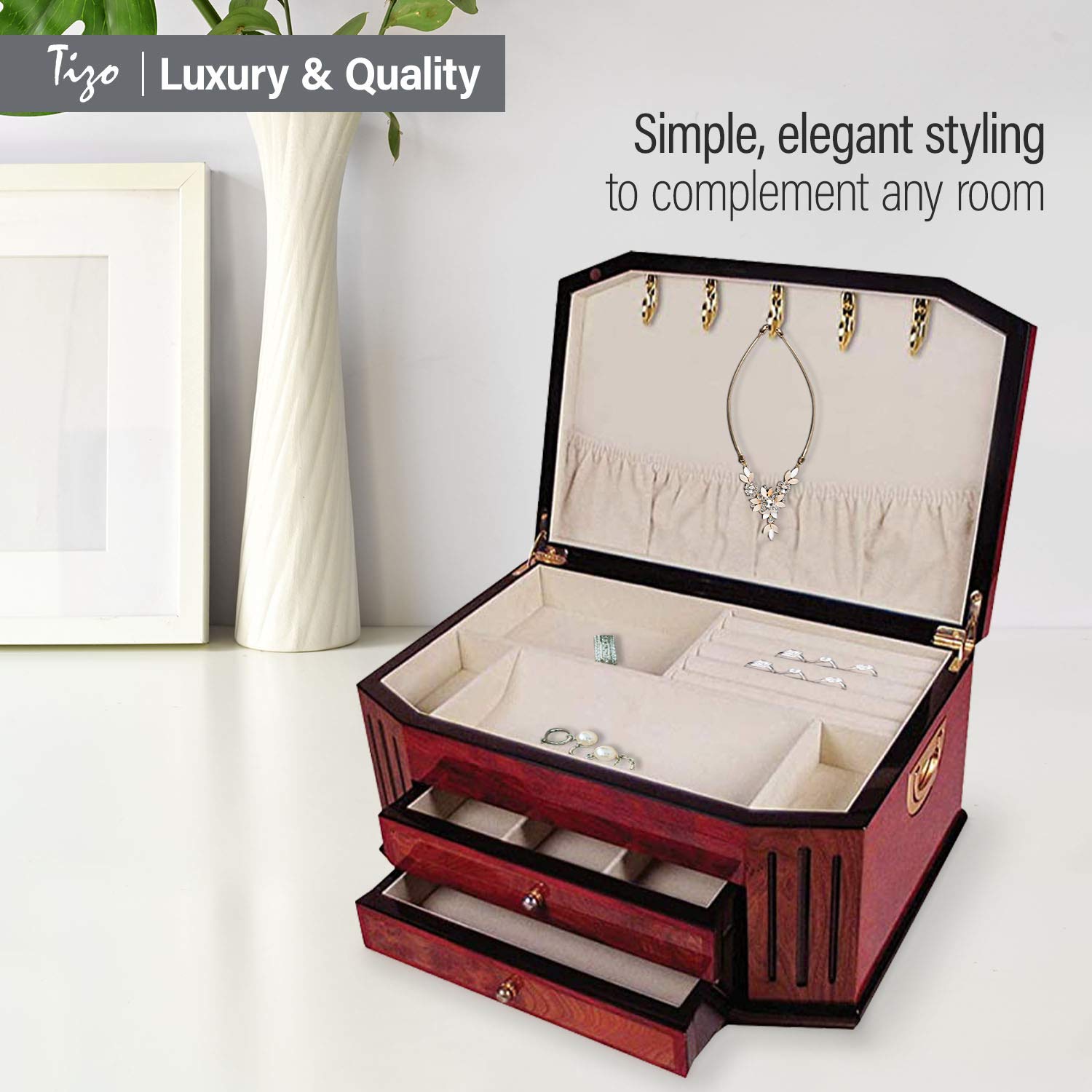 Elegant Polished Wood Jewelry Box with 2 Drawers & Gold Finish Handles - Perfect for Organizing Necklaces, Rings & Earrings - Great Gift for Women & Jewelry Storage Solution