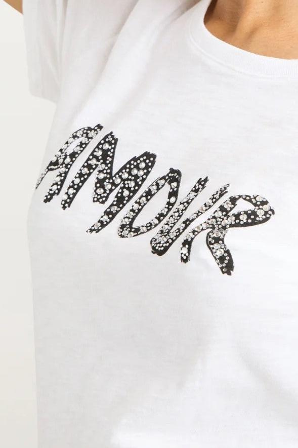 Cinq à Sept Rhinestone Amour Shrunken Tee - Women's Sparkling Rhinestone T-Shirt for Party & Night Out | Casual Glam Top for Date Night, Clubwear & Evening Events