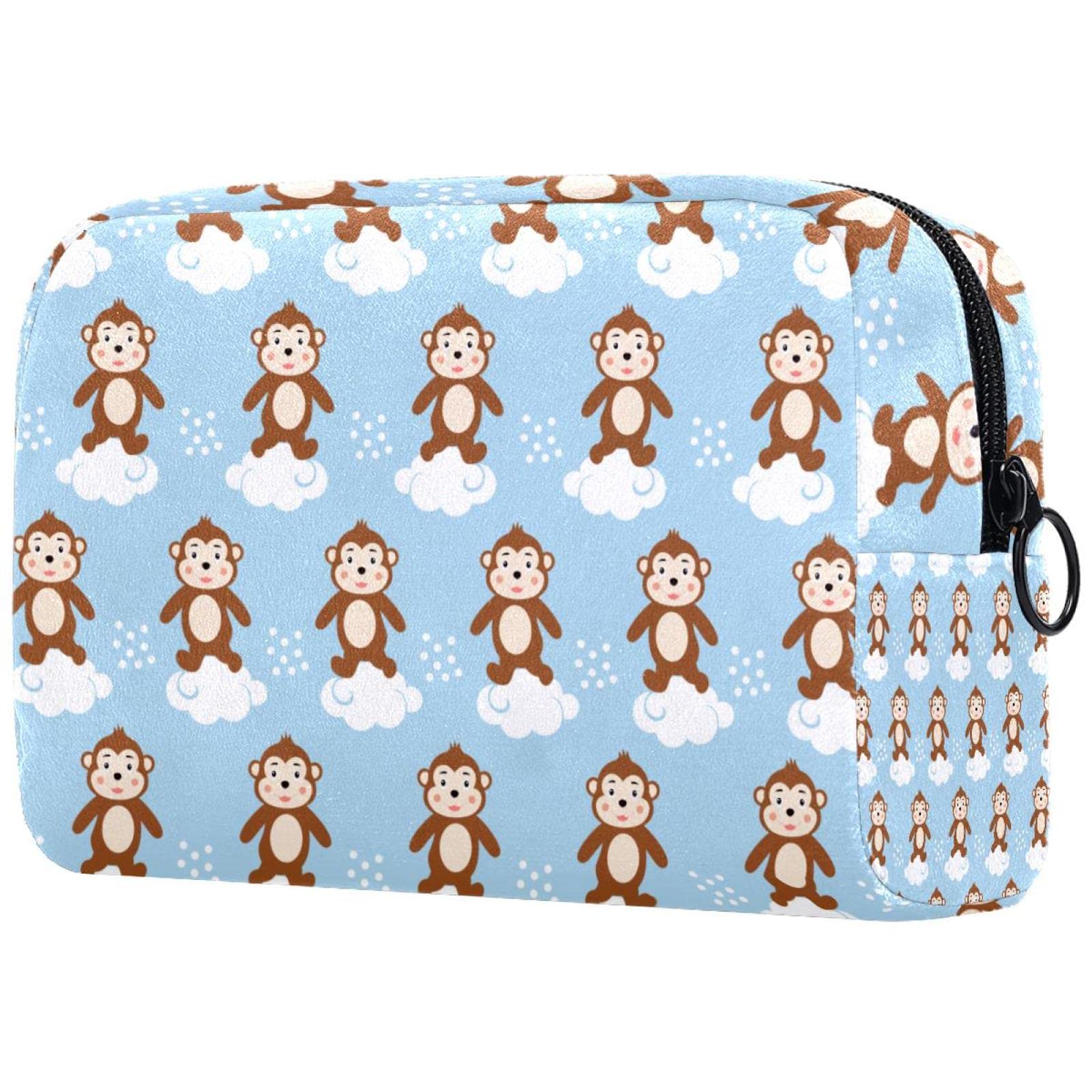 Women's Small Makeup Bag - Travel Cosmetic Organizer with Monkey Cloud Blue Print - Perfect for Daily Essentials & Weekend Getaways