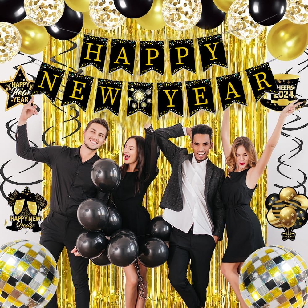 2025 Black & Gold New Year Party Decorations Set - Balloons, Banner, Hanging Swirls & Curtains for New Year's Eve Celebrations | Elegant Holiday Home & Office Decor