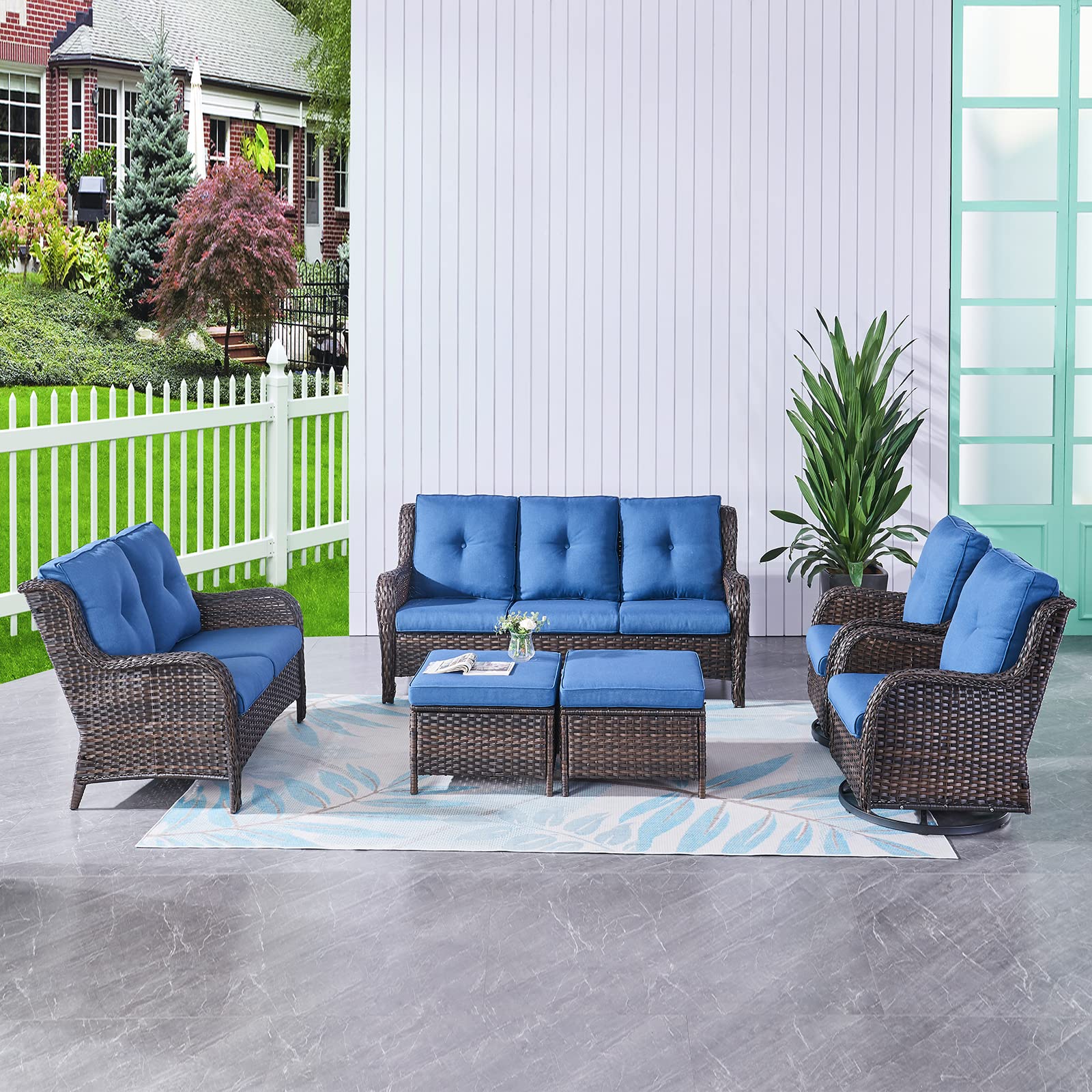 2-Seat Wicker Patio Loveseat - Deep Seating Rattan Outdoor Sofa with Cushions for Porch, Deck, Balcony (Brown/Blue) | Perfect for Backyard Relaxation, Garden Lounging & Poolside Comfort