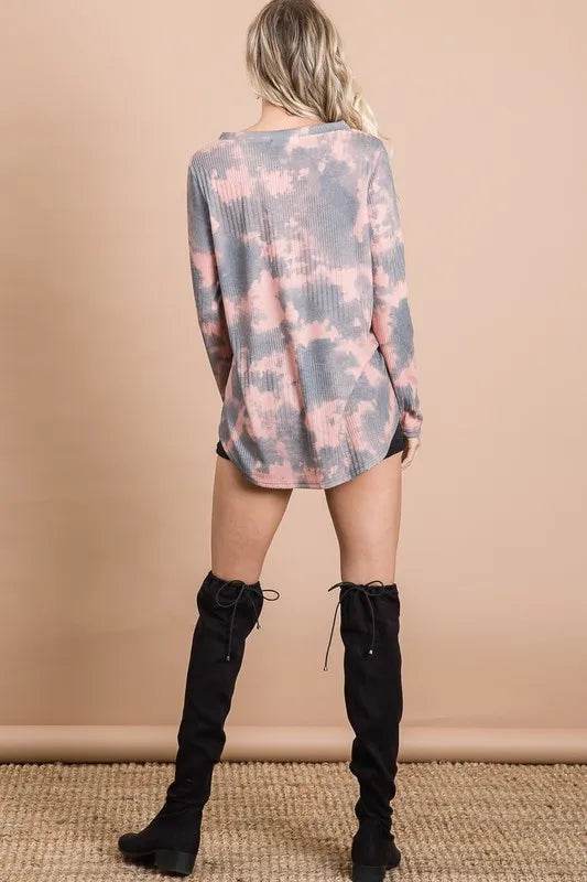 BiBi Variegated Tie Dye Rib V Neck Top with Straps - Stylish Casual Women's T-Shirt for Summer Outings & Beach Vacations