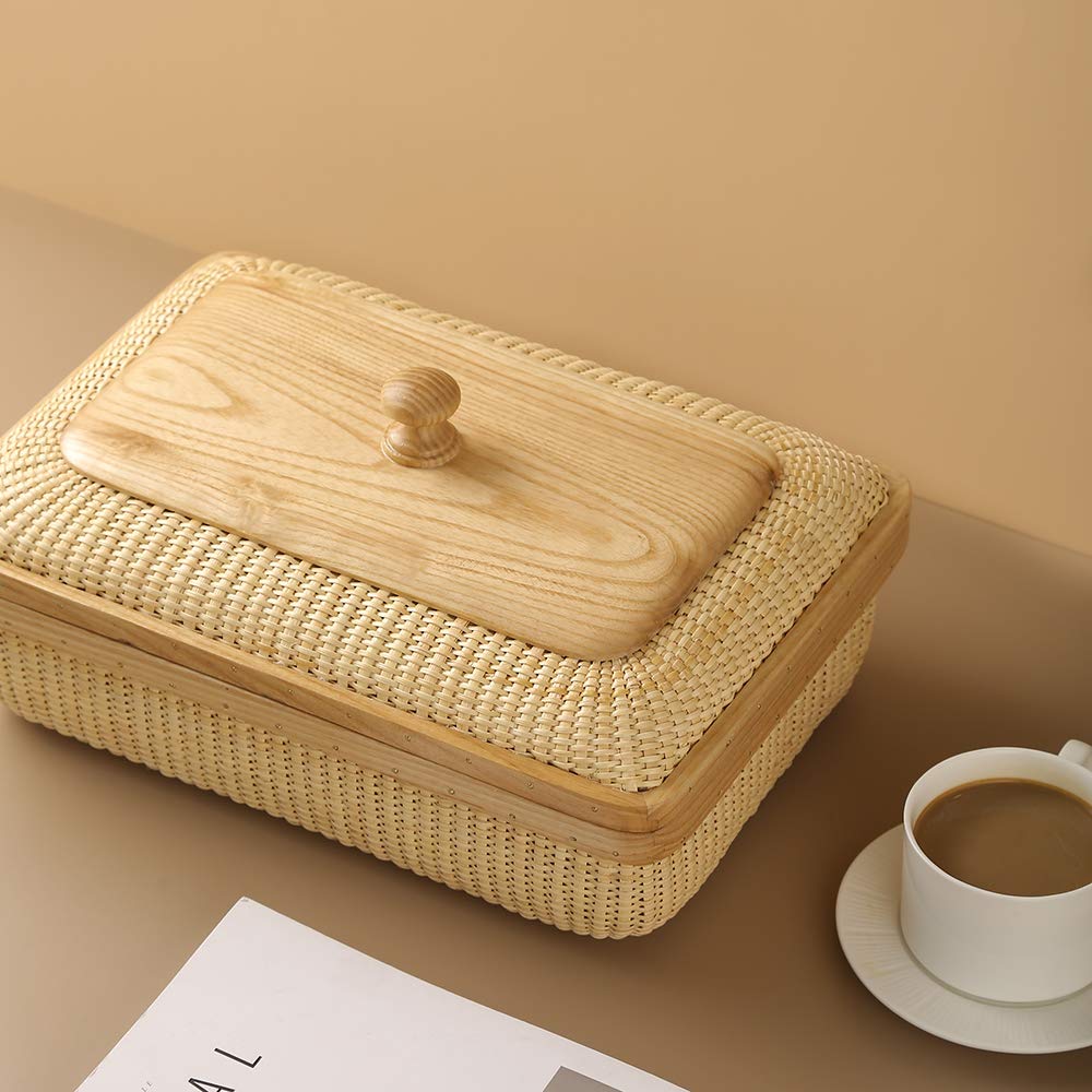 Modern Woven Rattan & Solid Wood Storage Basket - Square Jewelry Box, Fruit Basket for Living Room & Dining Table Decor | Home Organization & Gift Idea