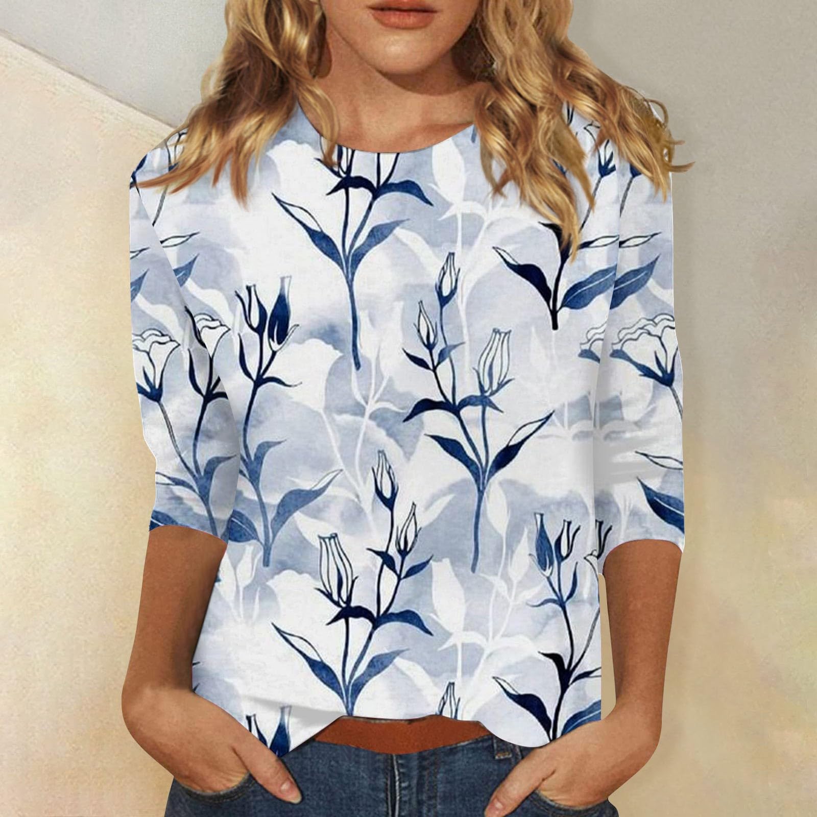 Trendy Women's Casual Printed Crew Neck Three Quarter Sleeve T-Shirt - Perfect for Everyday Wear, Outings & Layering