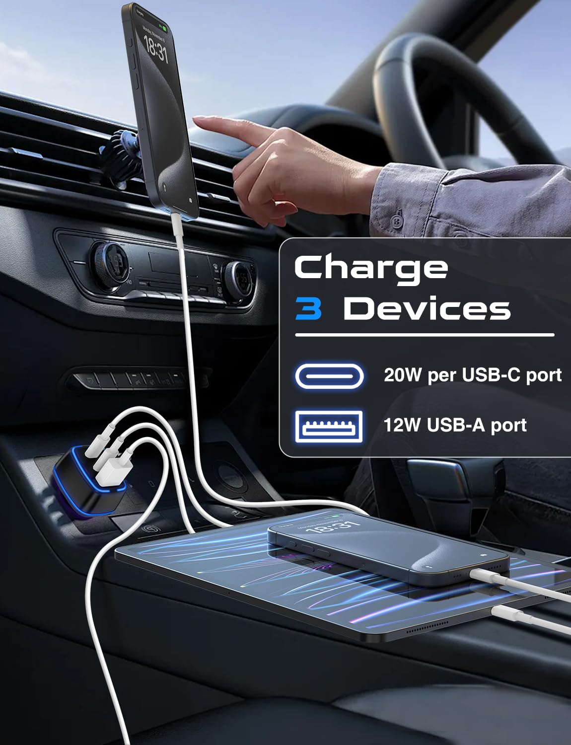 3-Port USB C Car Charger with PD - Super Mini Cigarette Lighter Adapter (2-Pack) - Fast Charging for iPhone 16/15 Pro Max, Galaxy S25/S24, iPad, Pixel & Android Phones - Perfect Travel Accessory for Road Trips & Commuting