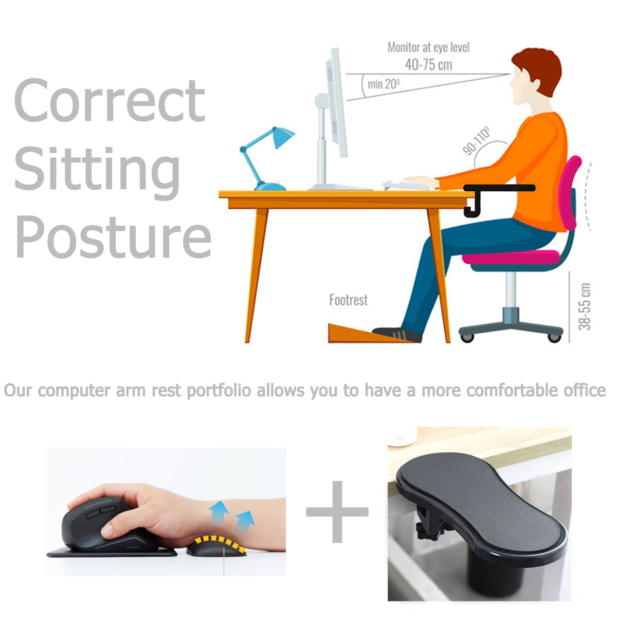 Ergonomic Keyboard and Mouse Wrist Rest Pad with Adjustable Arm Support - Comfortable Office Desk Accessories for Typing, Gaming & Computer Work
