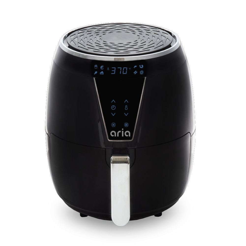 Aria 5 Quart Air Fryer with Non-Stick Ceramic Coating - Large Basket, Touchscreen Display, Auto Shutoff - BPA & Teflon Free, Dishwasher Safe - Includes Free Cookbook (Black) - Perfect for Healthy Frying, Roasting, Baking & Reheating Meals for Families