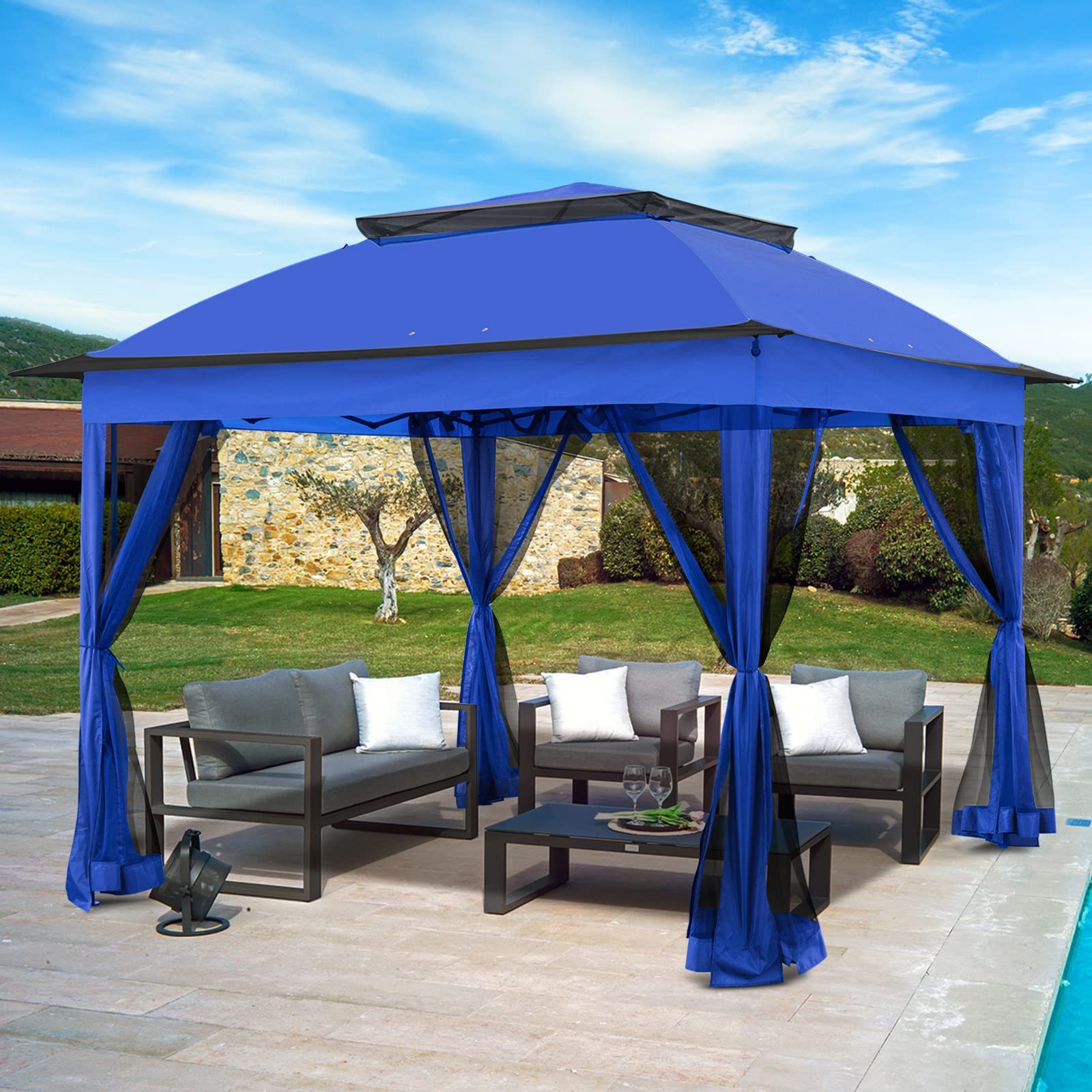 11x11 Outdoor Pop Up Gazebo Tent with Mesh Walls - Portable Canopy for Patio, Lawn, Backyard, Deck & Camping - UV Protection & Weather Resistant - Perfect for BBQs, Parties & Outdoor Relaxation (Blue)