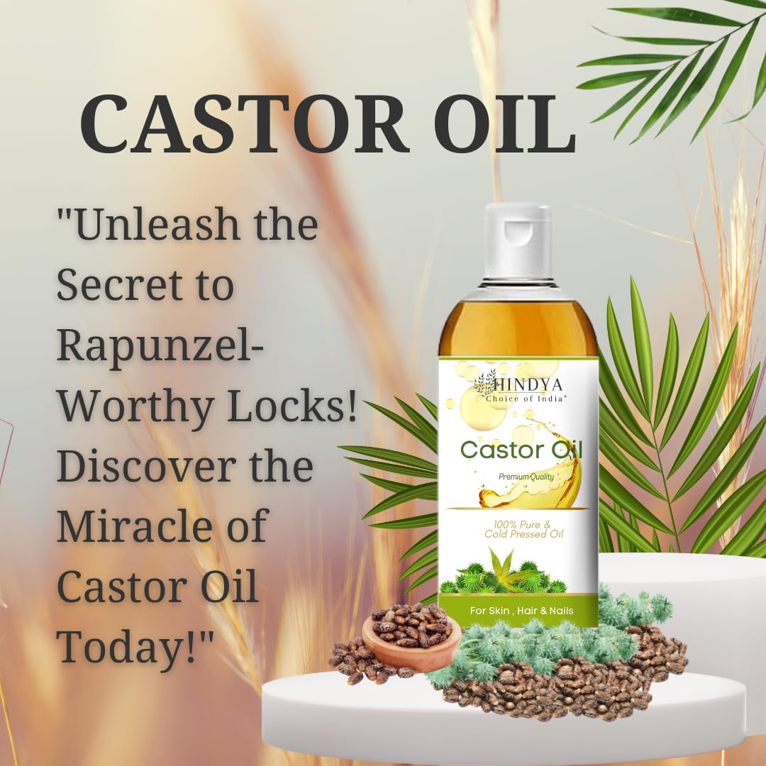 Hindya Ayurvedic Luxury Castor Oil - 100% Natural Cold Pressed Hair & Skin Care Oil | Virgin Grade for Dry Skin, Nails & Eyelash Growth | No Mineral Oil & Silicones | Perfect for Daily Hair Treatment & Natural Beauty Routine