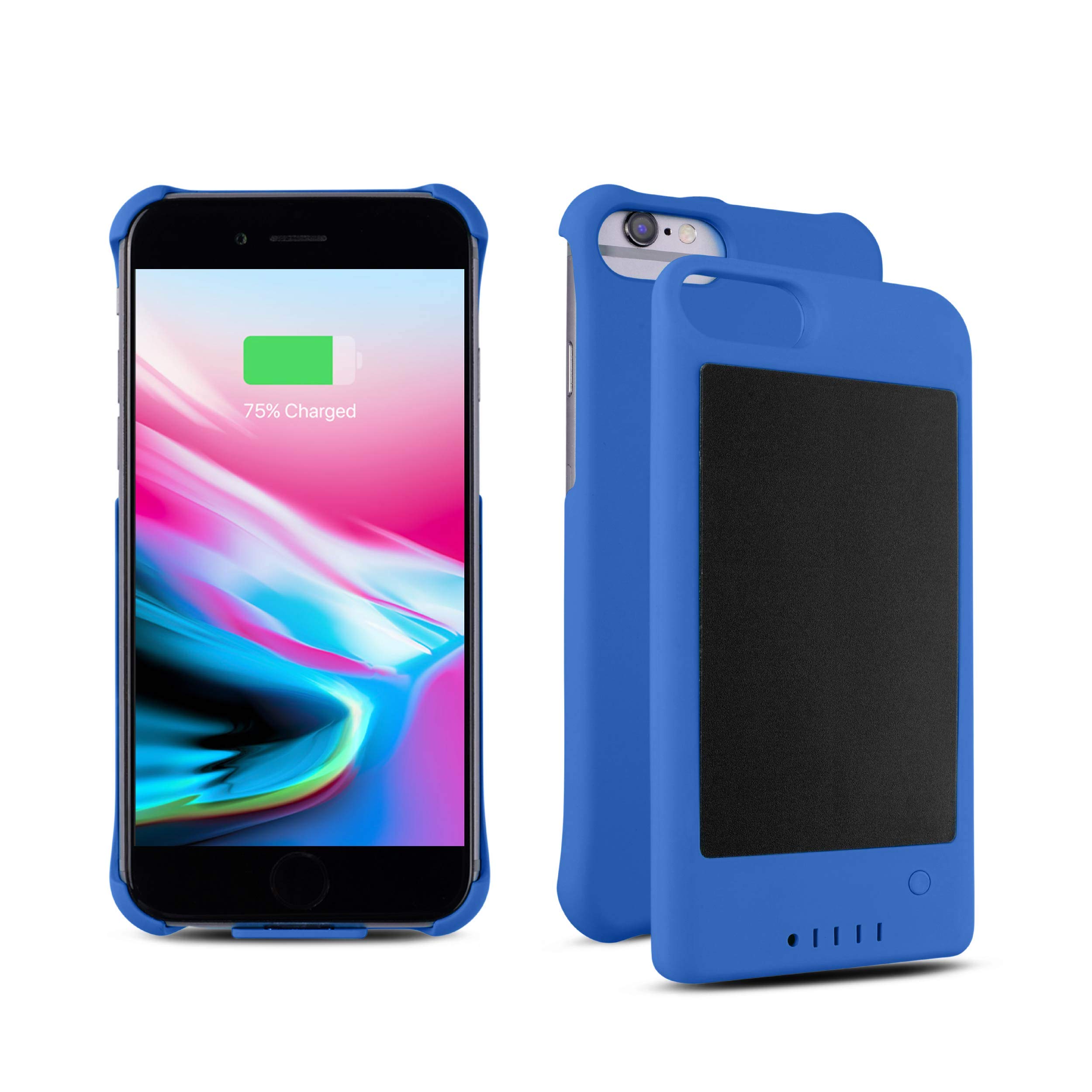 iPhone 6/7/8 Protective Case with Solar Powered Extended Battery - Ultra-Slim Magnetic Detachable External Battery Pack, Fast Charging Port & Built-in Finger Ring Stand (Blue) - Perfect for Outdoor Activities, Travel & Daily Use