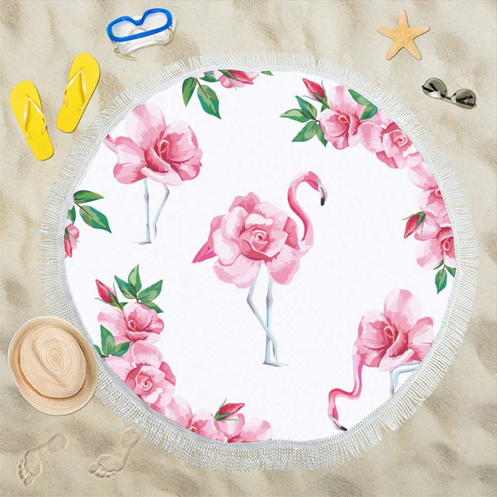 Tropic Pink Flamingo & Rose Round Beach Towel - 59 Inch Large Soft Pool Towel with Tassels for Adults & Kids - Perfect for Beach, Poolside, Picnic and Outdoor Activities