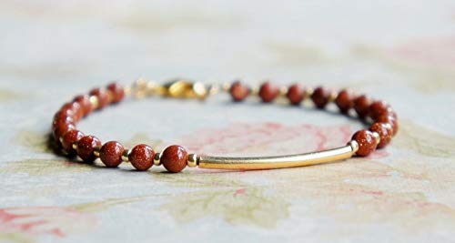 Precious-GEMS Jewelry Goldstone & Gold Seed Bead Bracelet - Dainty Gold Filled Bar Stacking Bracelet for Women, Minimalist Layering Bracelet for Everyday Wear, Gift for Her, Wedding, Party & Office